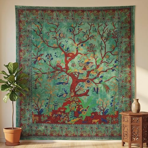Green Tree of Life Tapestry Wall Hanging - 100% Cotton (85x90 Inch)