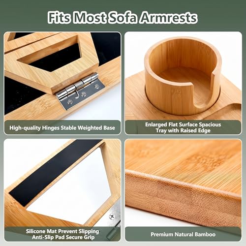Bamboo Couch Armrest Table with Cup Holder and 360° Phone Stand