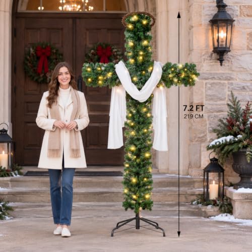 Leyndo 7.2 ft Cross Christmas Tree with Lights Prelit - 100 Light Bulbs, Natural Wooden Ring