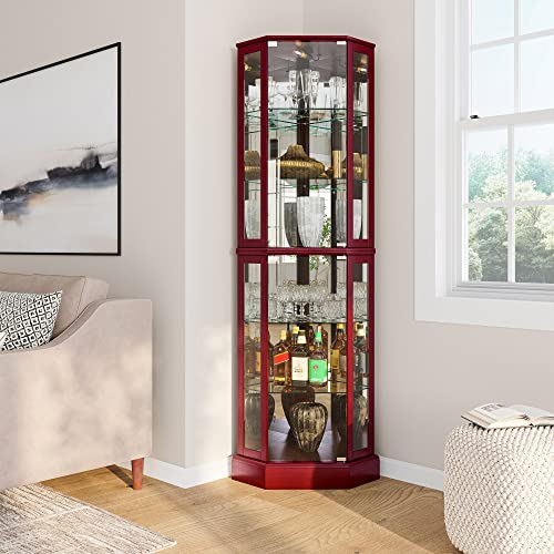 Corner Curio Cabinet with Glass Doors, Lighted Display Shelf, 6 Adjustable Shelves