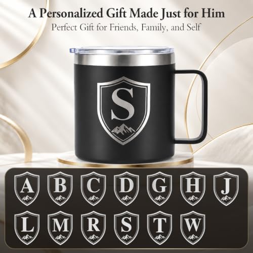 Black Personalized 14 Oz Insulated Coffee Mug with Letter S & Lid