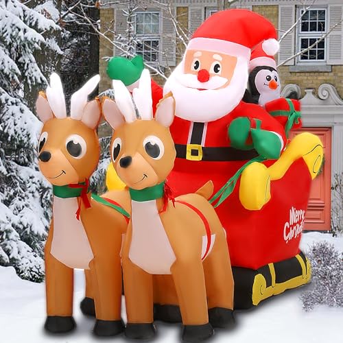 SUNGIFT 6ft Inflatable Santa Sleigh with Reindeer & LED Lights Christmas Decor