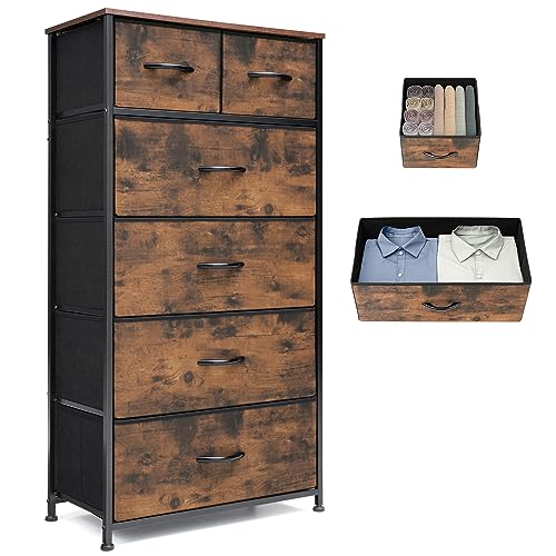 6-Drawer Tall Dresser with Wooden Top, Vertical Fabric Storage Tower