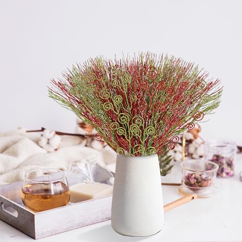 52Pcs Christmas Tree Decorations Red Green Artificial Glitter Picks Sprays Berry Stems Curly Ornaments Xmas Winter Holiday Vase Filler Tree Topper Home Table Decor