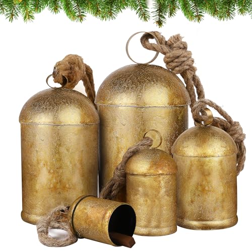 Fovths 5 PCS Christmas Bells Giant Vintage Cow Bells, 4+5+6+8+10 Inch
