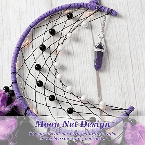 Handmade Purple Moon Dream Catcher with Fairy Lights Wall Hanging Decor