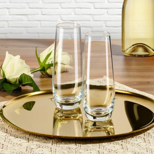PARACITY Set of 2 8oz Stemless Champagne Flutes - Hand Blown Clear Glass for Cocktails & Sparkling Wine