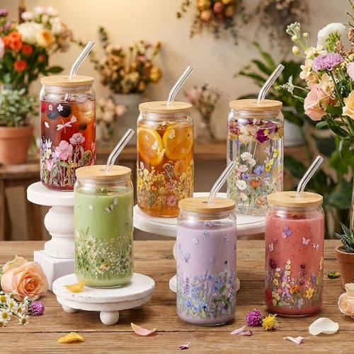 Floral Glass Cups with Bamboo Lids and Straws, 16oz Set of 4