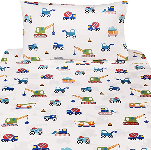 Kids Construction Vehicle Twin Sheet Set - 100% Cotton 3-Piece Bedding