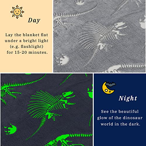 Glow in the Dark Dinosaur Throw Blanket, Soft Plush 50"x60" Gray
