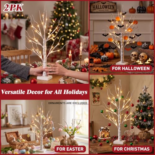 2FT Lighted Birch Tree Lamp with Warm White LED Lights & Timer (2 Pack)