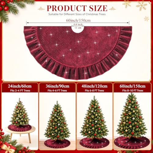 FANPROMS Burgundy Christmas Tree Skirt 60 Inch Sequin Ruffled Holiday Decor