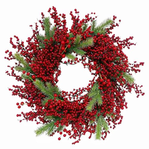 Trfdhm 22in Red Berry Cedar Christmas Wreath - Red2 Front Door Farmhouse Decor