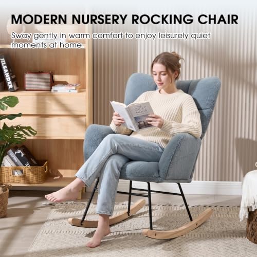 Teddy Fleece Nursery Rocking Chair with Tufted Back and Solid Wood Frame