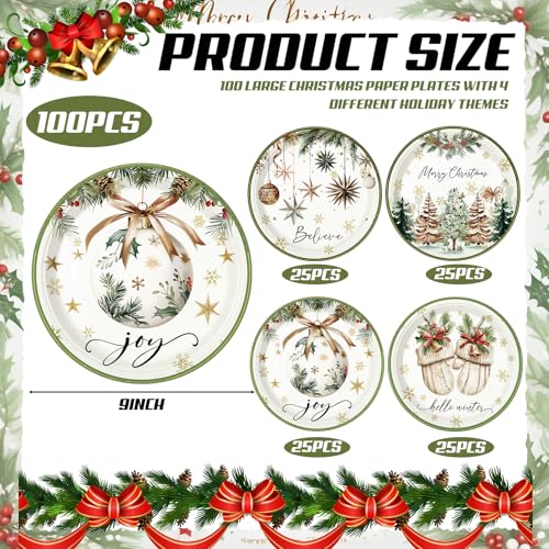 60 Pcs Christmas Disposable Paper Plates 9 Inch - Vintage Xmas Dinner Plates, 4 Styles, 60 Count, Fresh Style