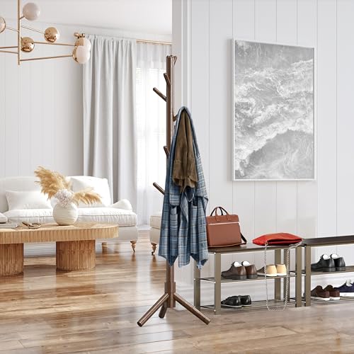 Wooden Coat Rack Stand with 9 Hooks, Adjustable Entryway Hall Tree