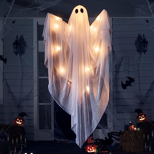 47-Inch Light-Up Hanging Ghost Halloween Decor with LED & Timer