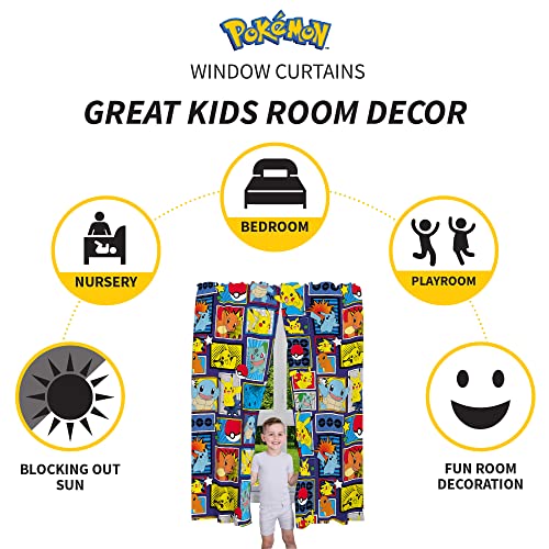 Kids Window Curtains Set - Pikachu, Charmander, and Squirtle Print, 82x63 In
