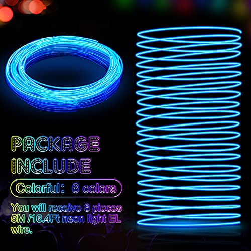 6-Pack 16.4ft Portable LED Neon EL Wire Kit, Battery Operated Rope Lights