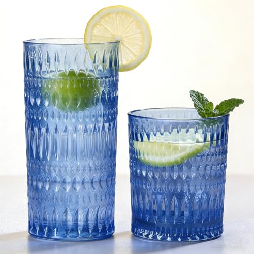 Loivttvv Blue Vintage Glassware Set of 8 Highball & Ribbed Cups, 14oz & 10oz