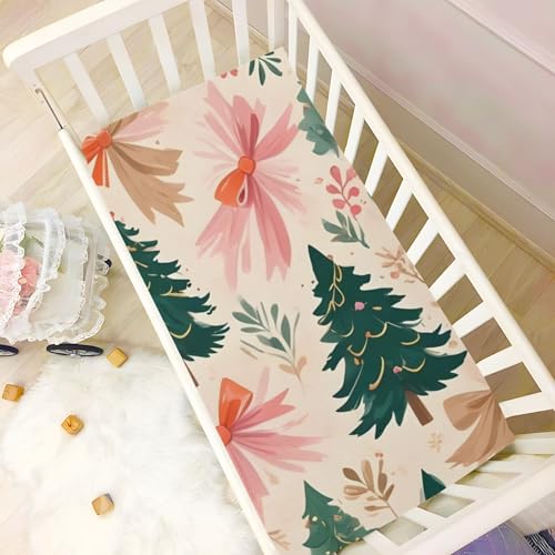 Hezely Medium Crib Sheet Set 1 Pack - 100% Cotton Fitted Crib & Toddler Mattress (Christmas Tree Bow)