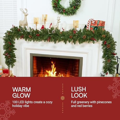 Joiedomi 9Ft Christmas Garland Prelit with Lights & Red Berries - Indoor & Outdoor Decor