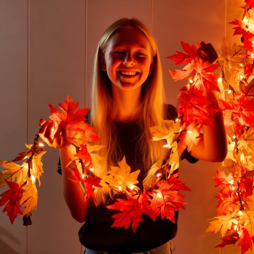 9ft Lit Fall Leaves Garland with 50 Bulbs - Plug-In Autumn Mantle Decor