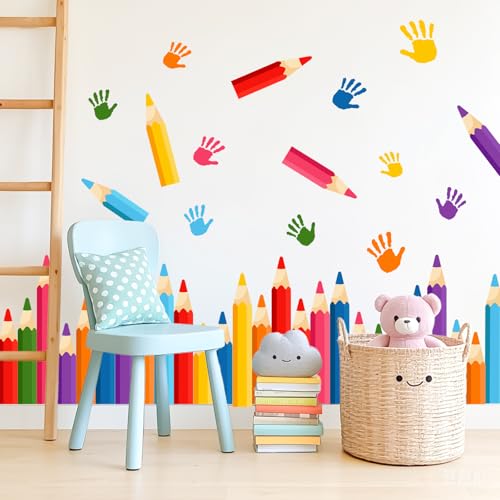 Colorful Pencil and Handprint Wall Decals - 47 Pcs Peel and Stick Decor