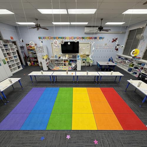 Rainbow Classroom Rug 7'6" x 13' – Non-Slip Preschool Carpet with Seating Squares