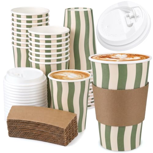 Newtay 16 oz Sage Green Striped Paper Cups with Lids & Sleeves – 60 Pack
