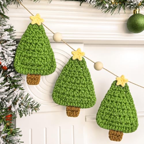 2 Pcs 6.7ft Crochet Christmas Tree Garland - Rustic Wood Bead Banner, LFUTARI