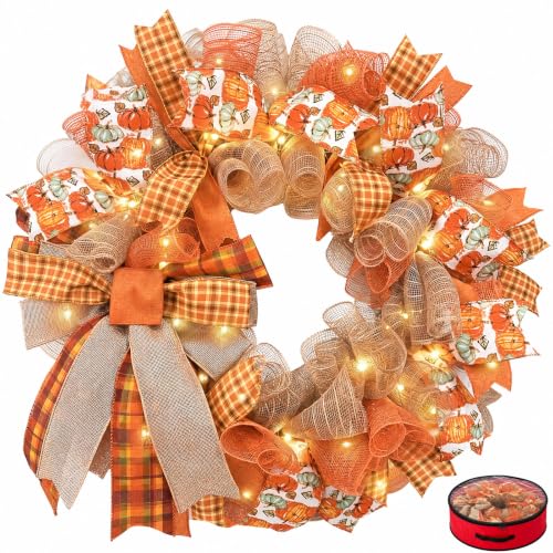 24-Inch Lighted Fall Pumpkin Wreath for Front Door with Storage Bag