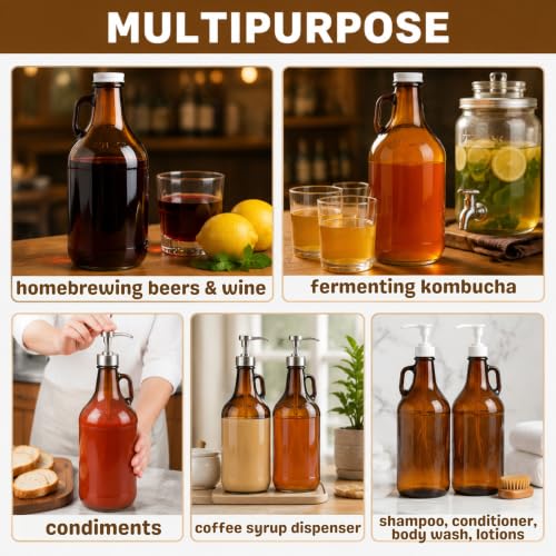 32 oz Amber Glass Growlers with Airtight Lids and Handles - 3 Pack Jugs