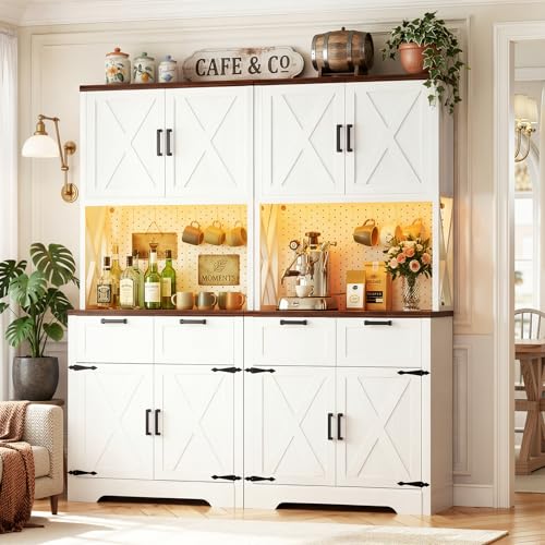 71" Tall Kitchen Pantry Cabinet with Microwave Countertop, Charging Station & LED
