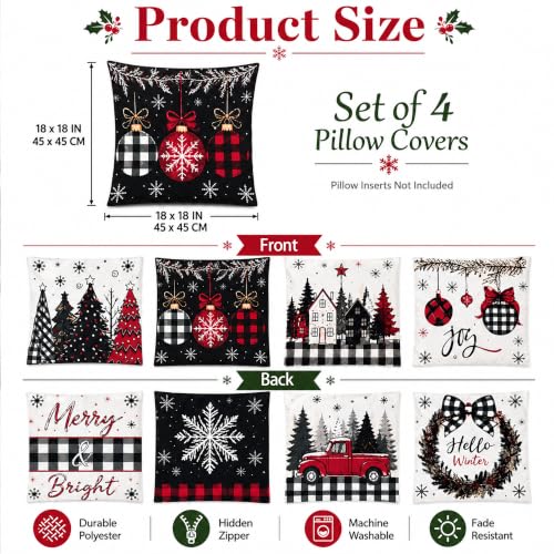 OHOME Christmas Decorations - Set of 4 Double-Sided Print Pillow Covers, Red & Black