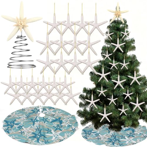 Beach Coastal Christmas Tree Decorations Set with Starfish Tree Skirt & Topper - Summer Beach Theme