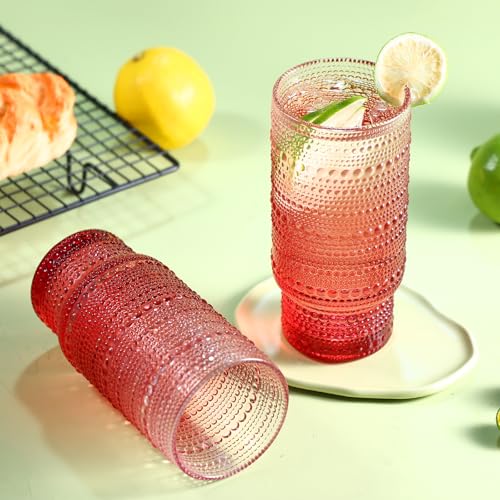 Gradual Red Hobnail Drinking Glasses Set of 6 - 16 oz Vintage Water Tumblers