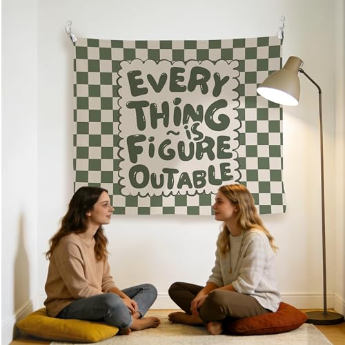 Green Checkered Positive Affirmation Wall Tapestry - 50x60 Inch Wall Decor