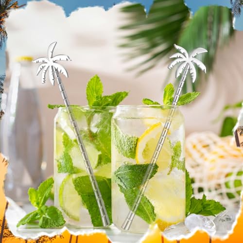 LemonRoad 10 Pcs Coconut Palm Stainless Steel Coffee Stir Sticks Reusable Cocktail & Beverage Stirrer Set