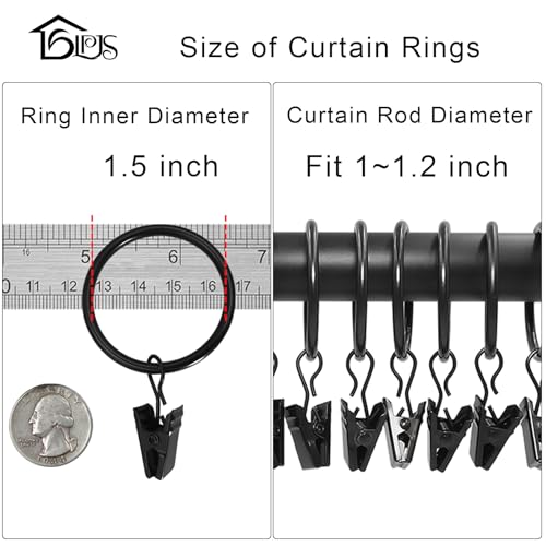 Heavy Duty Black Metal Curtain Rings with Clips, 1.5 Inch - 20 Pack