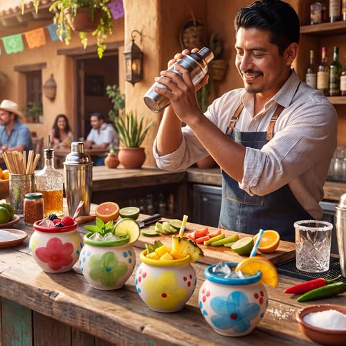 Gejoy 12 Pcs Bloom Mexican Cantaritos De Barro 3oz Clay Shot Cups for Tequila & Cocktails