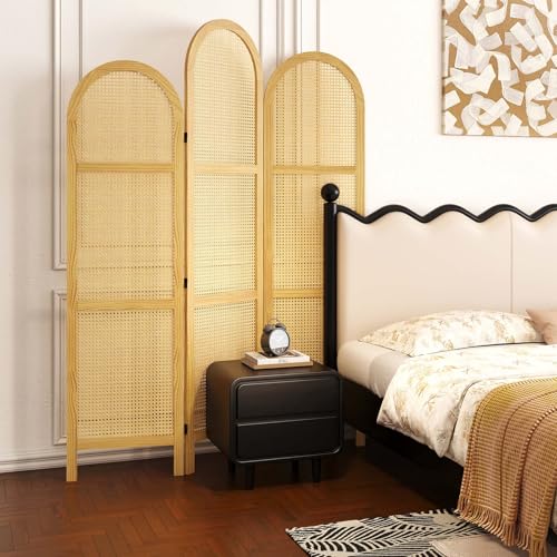 3-Panel Hand-Woven Rattan Room Divider, Tall Foldable Privacy Screen