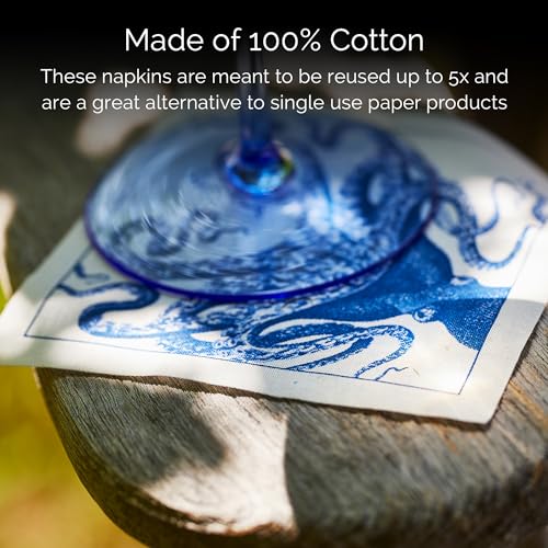 Caskata Coastal Cocktail Napkin Roll of 50, 4.5 x 4.5 Inches, Reusable Cotton, Blue & White, Set of 50