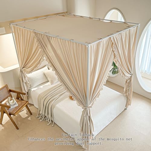 Opaque Canopy Bed Curtains with Top Ties - Soft Microfiber Drapes (Queen, Khaki)