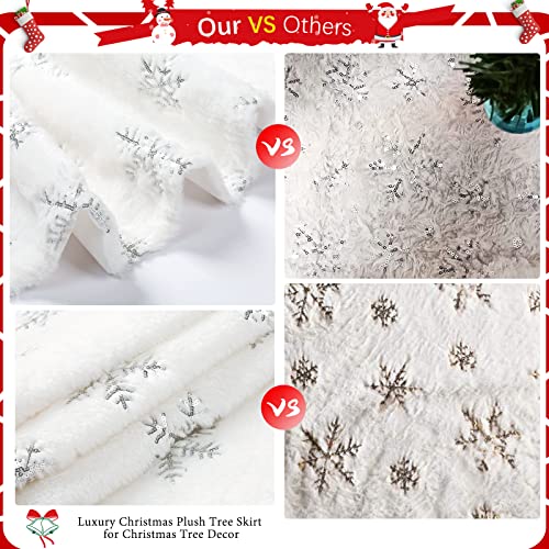 24-Inch White Faux Fur Mini Christmas Tree Skirt with Silver Snowflakes