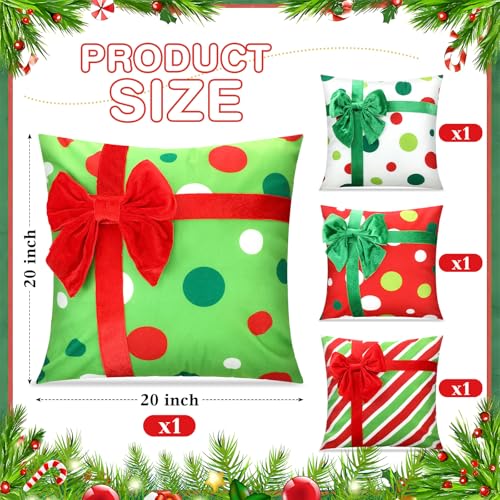 Breling 4 Pack Christmas Pillow Covers 20x20 Inch Red Green Stripe Dot Gift Box Design with 3D Bows