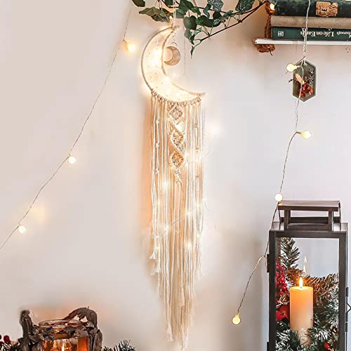 Macrame Hanging Photo Display with Moon Dream Catcher and LED Fairy Lights