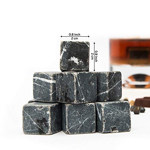 Premium Black Marble Whiskey Stones Gift Set - Natural Reusable Ice Cubes for Bourbon, Scotch, Gin, Wine - 12 Pieces with Storage Bag