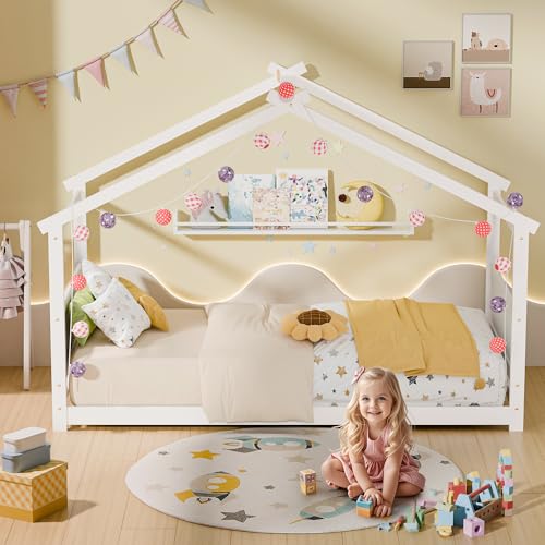 Twin Montessori Floor House Bed, Solid Wood Toddler Bed Frame, White