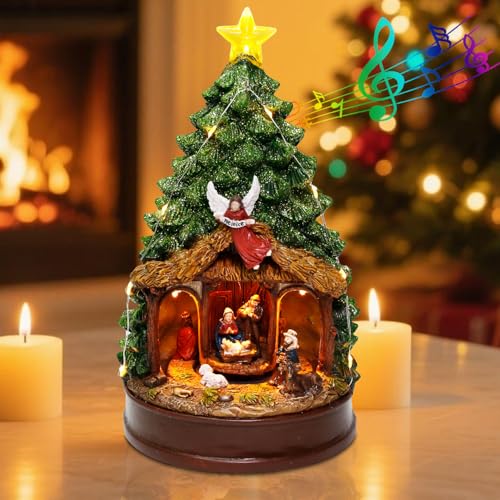Innodept12 Christmas Tree Nativity Scene with Rotating Figurines - House Variation